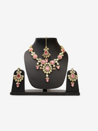 Polki and Pink Monalisa Stone Necklace with Earrings & Mang Tkka