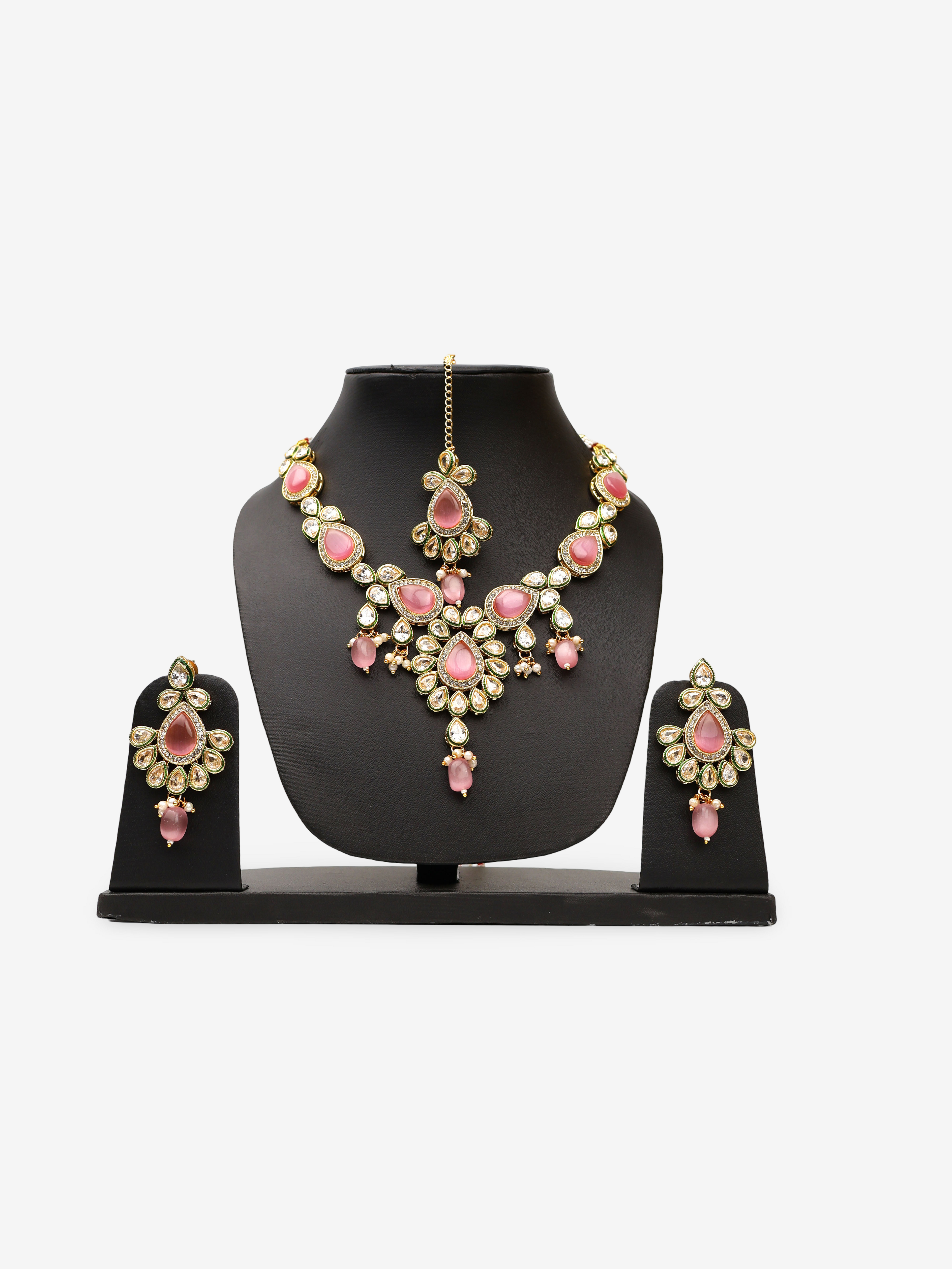 Polki and Pink Monalisa Stone Necklace with Earrings & Mang Tkka