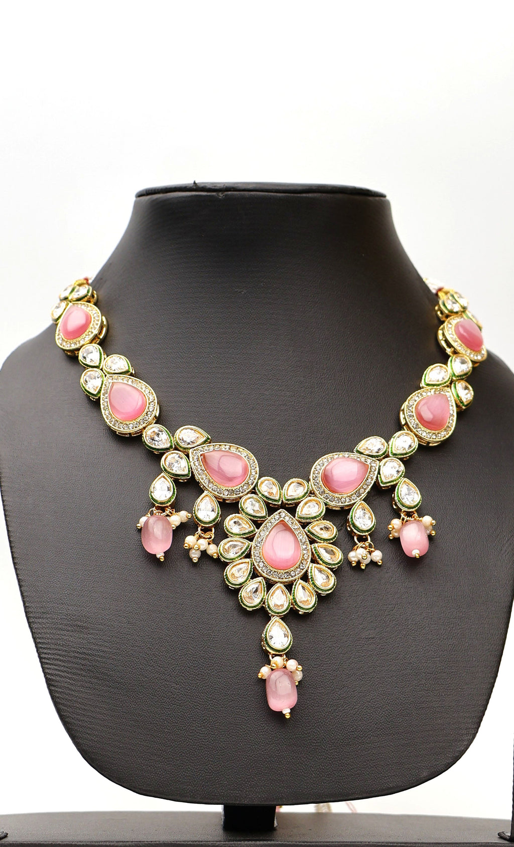 Polki and Pink Monalisa Stone Necklace with Earrings & Mang Tkka