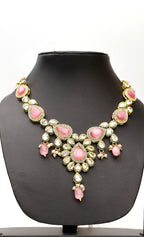 Polki and Pink Monalisa Stone Necklace with Earrings & Mang Tkka
