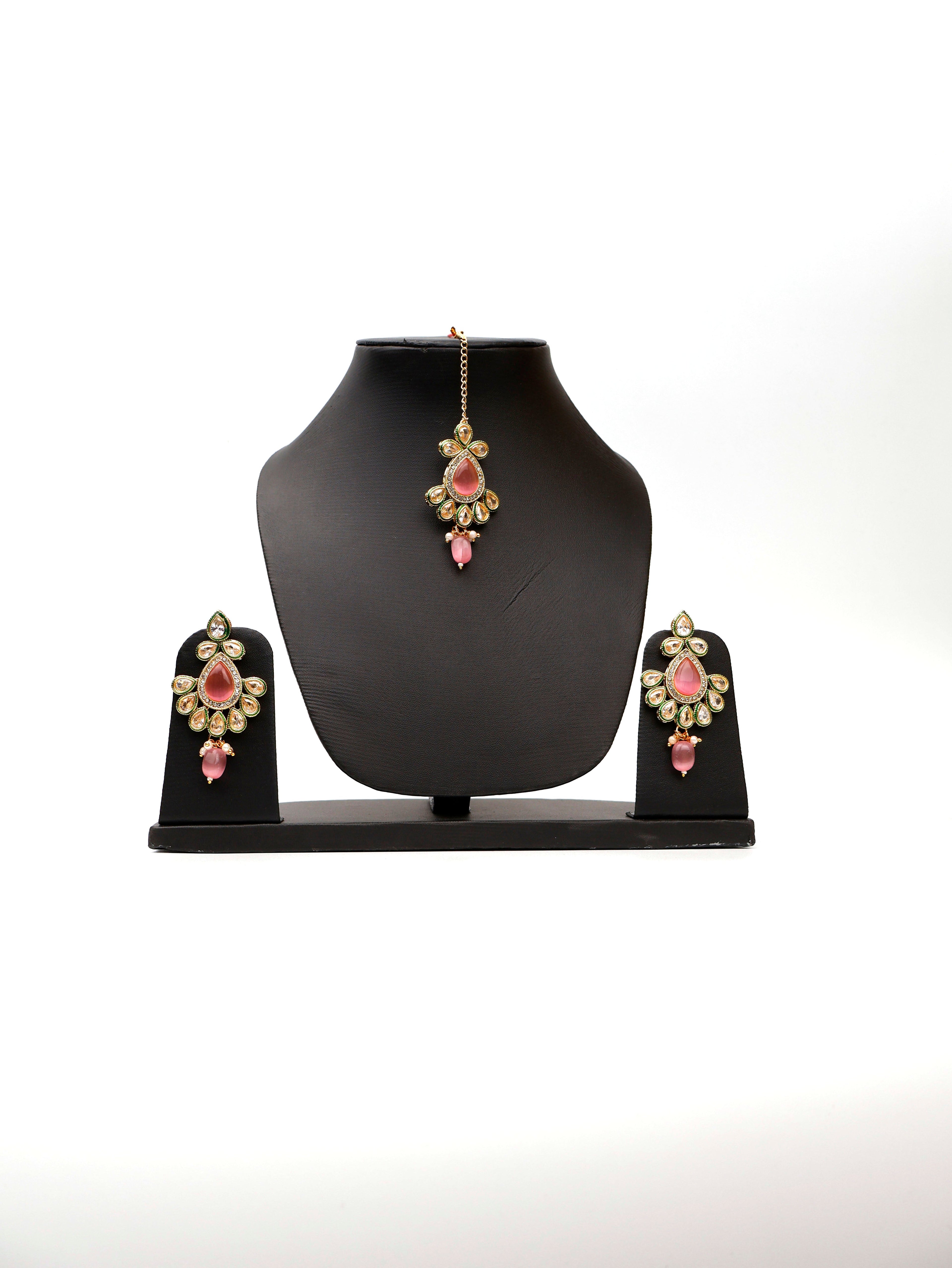 Polki and Pink Monalisa Stone Necklace with Earrings & Mang Tkka