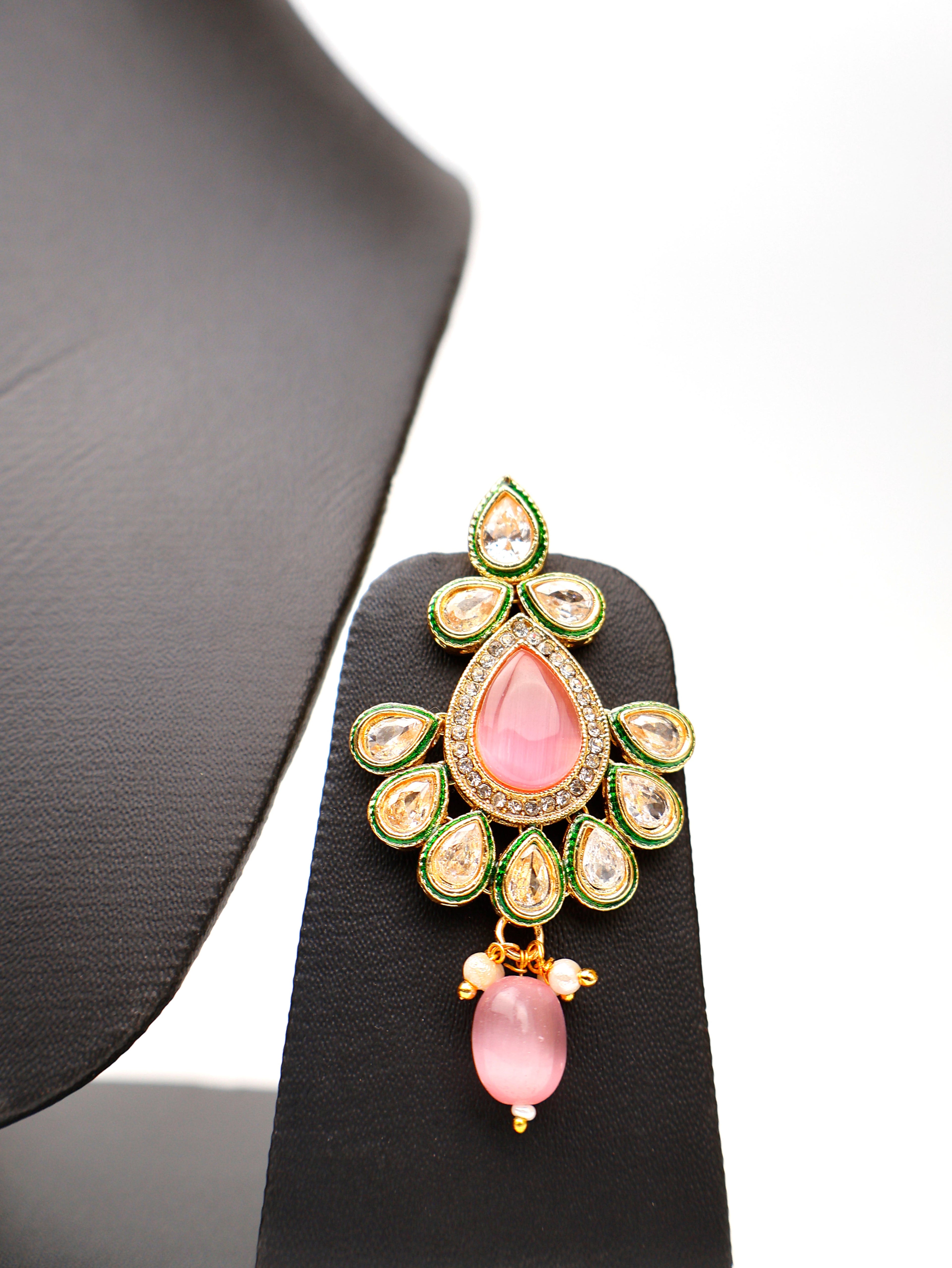 Polki and Pink Monalisa Stone Necklace with Earrings & Mang Tkka