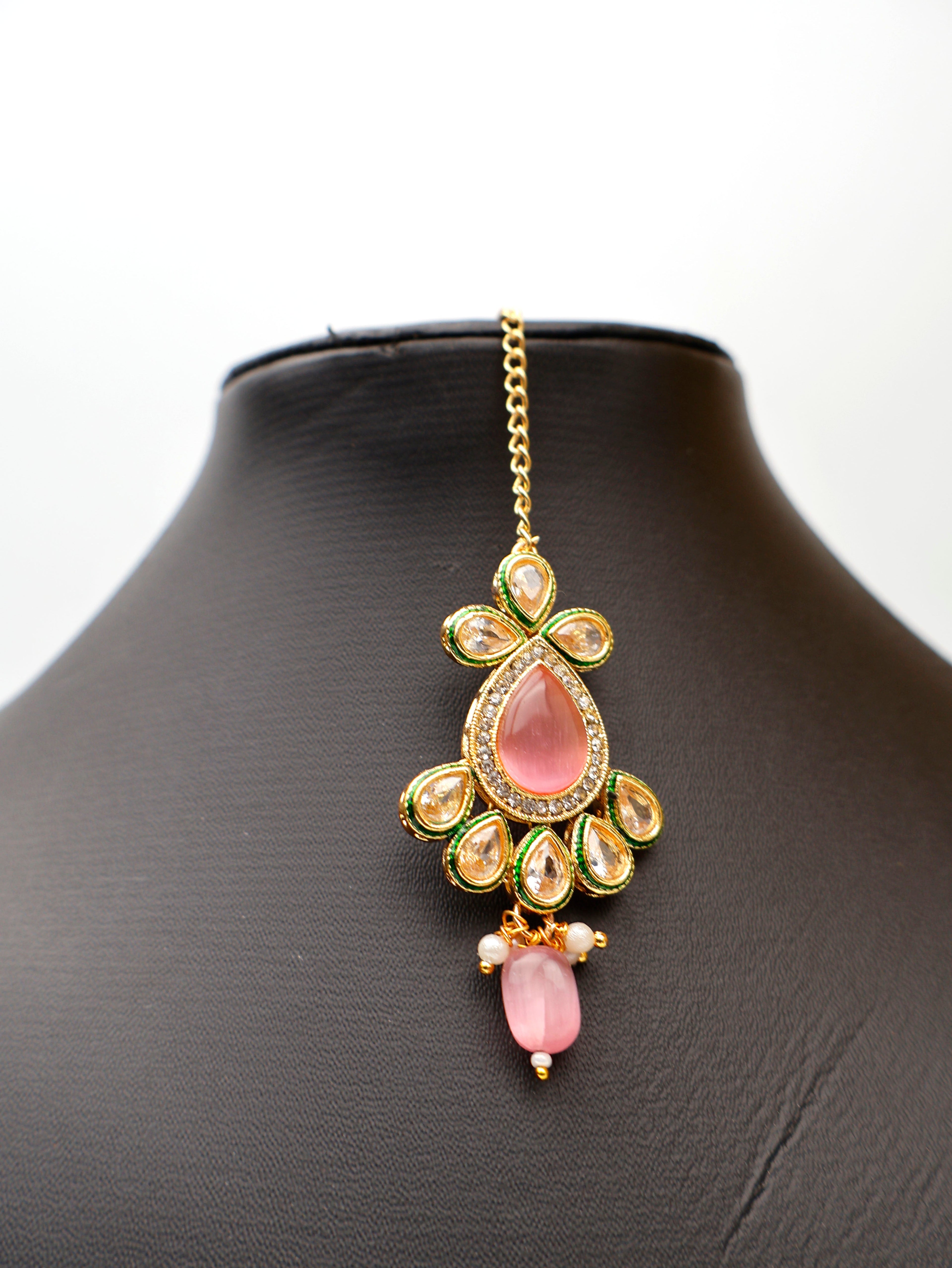 Polki and Pink Monalisa Stone Necklace with Earrings & Mang Tkka