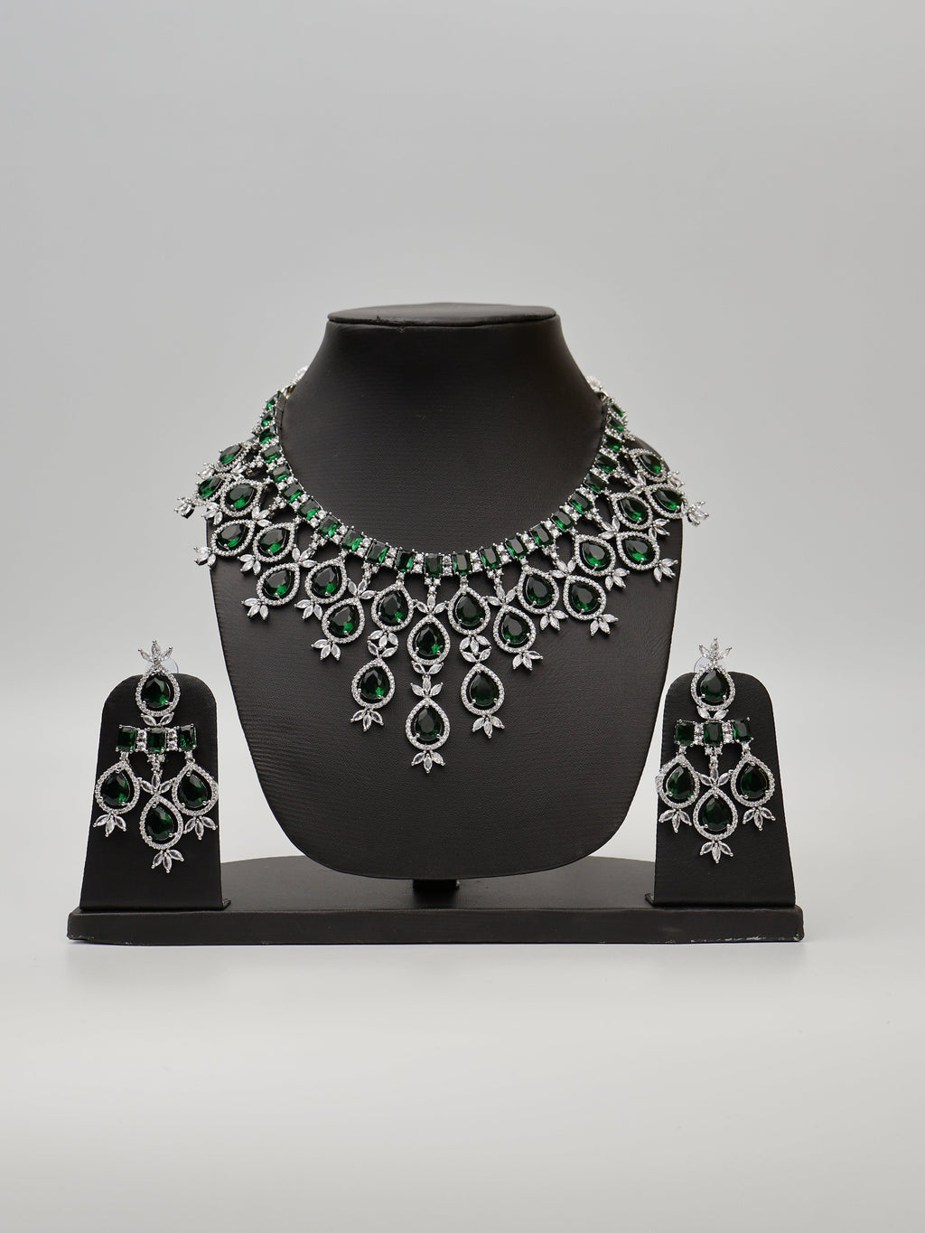 Green Stones Reverse AD Necklace Set with Earings