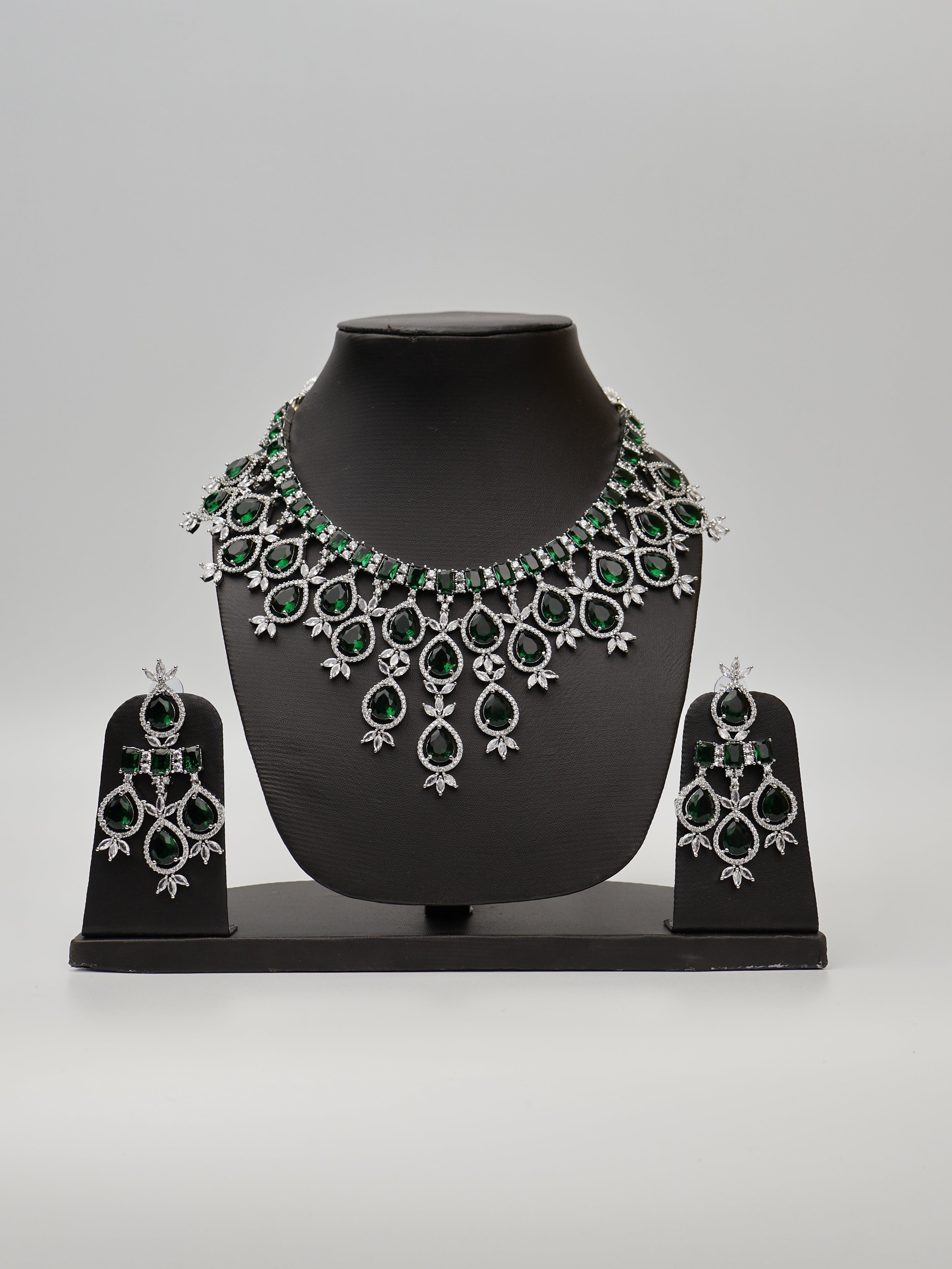 Green Stones Reverse AD Necklace Set with Earings