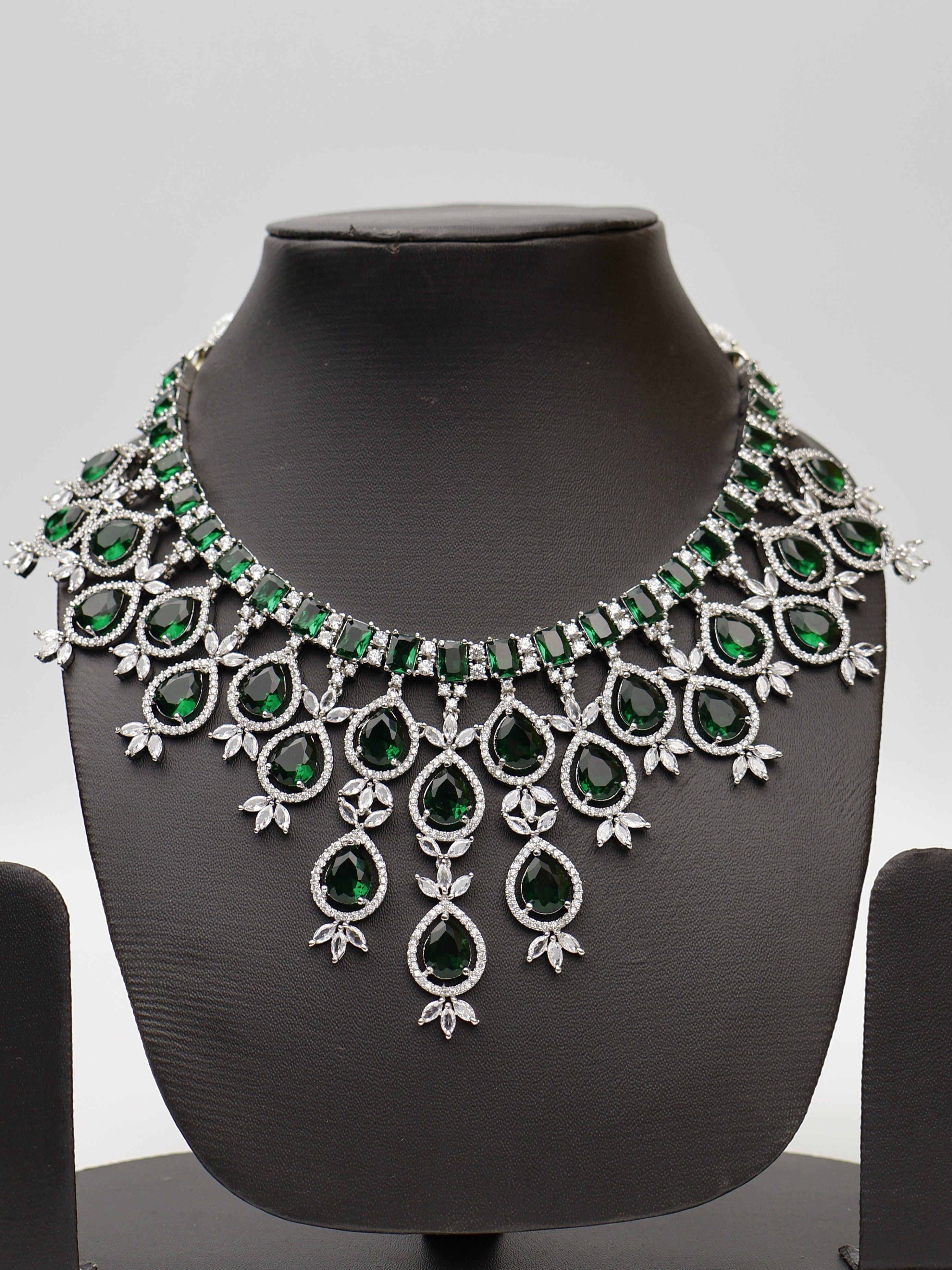 Green Stones Reverse AD Necklace Set with Earings