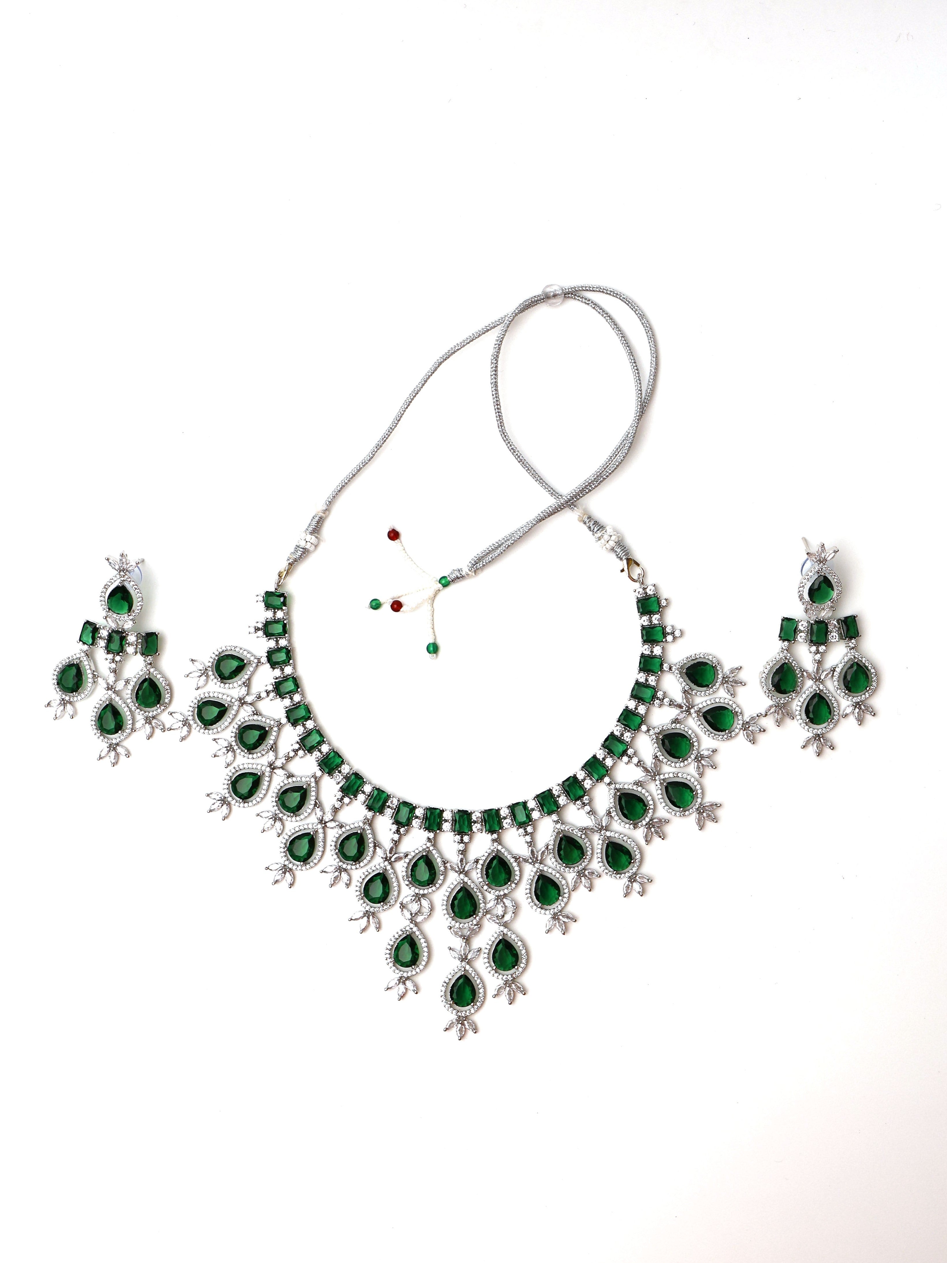 Green Stones Reverse AD Necklace Set with Earings