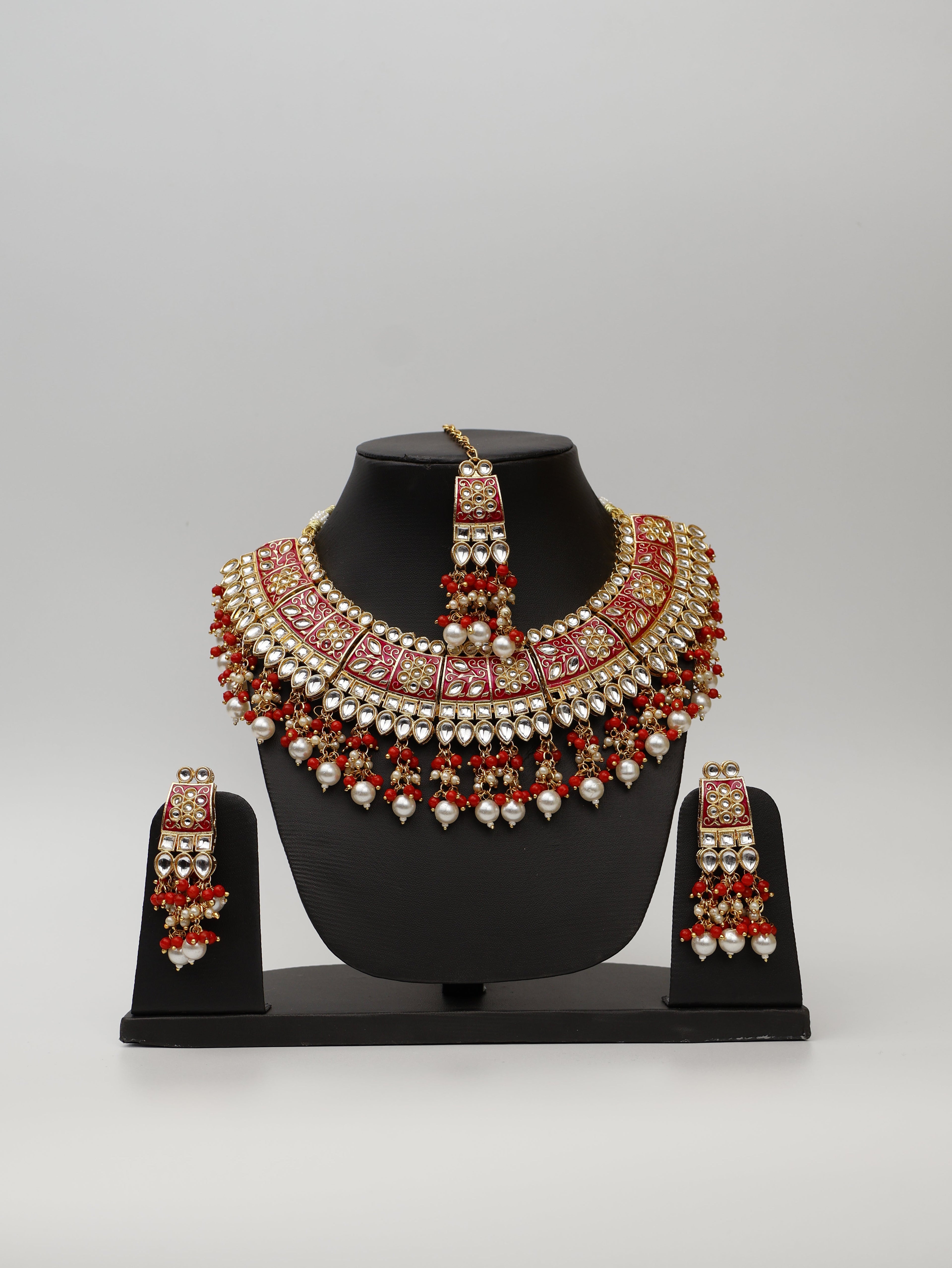 Red Meenakari Kundan & Pearl Necklace Set with Earrings & Mang Tikka.