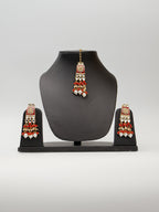 Red Meenakari Kundan & Pearl Necklace Set with Earrings & Mang Tikka.