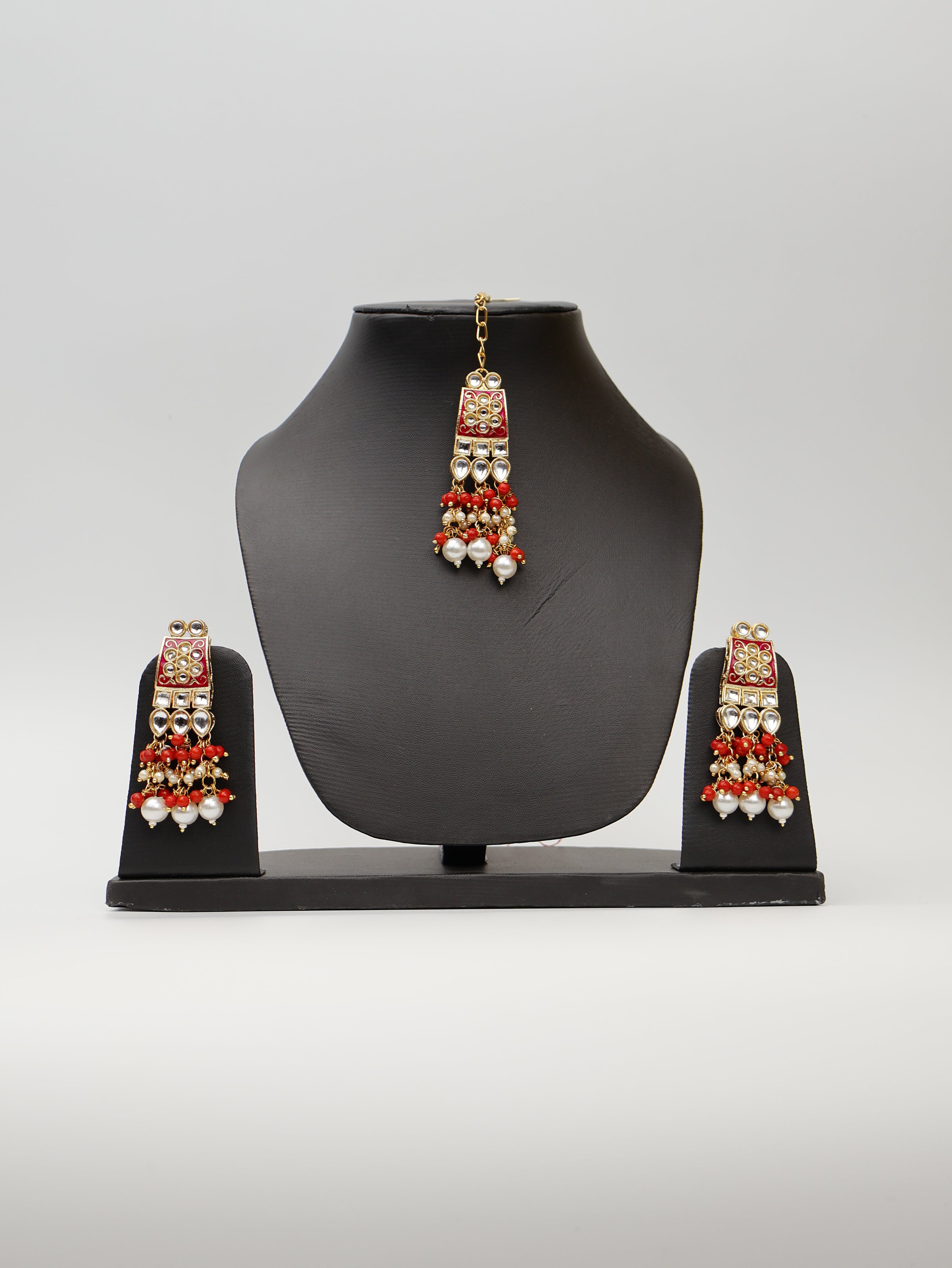 Red Meenakari Kundan & Pearl Necklace Set with Earrings & Mang Tikka.