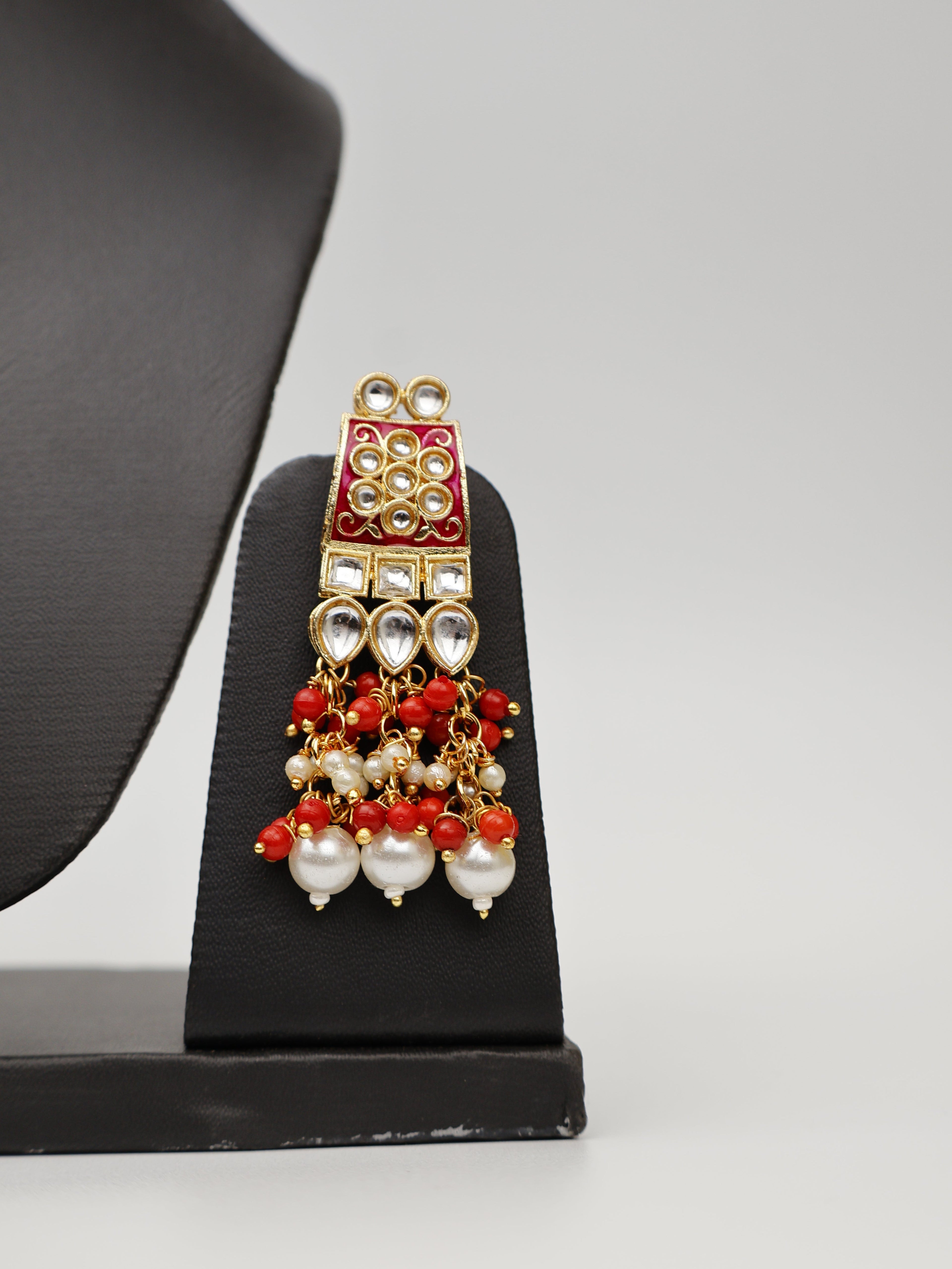 Red Meenakari Kundan & Pearl Necklace Set with Earrings & Mang Tikka.