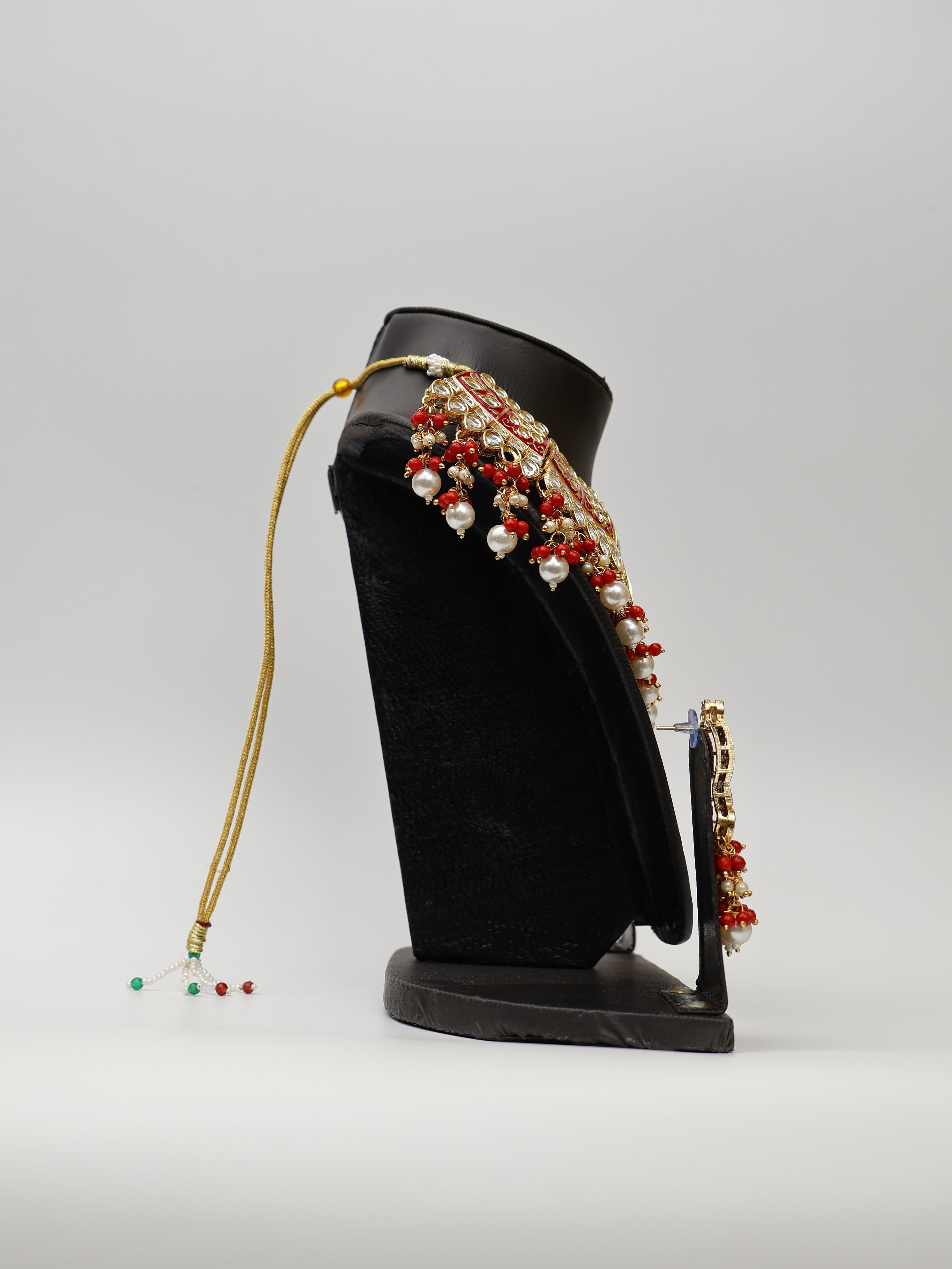 Red Meenakari Kundan & Pearl Necklace Set with Earrings & Mang Tikka.