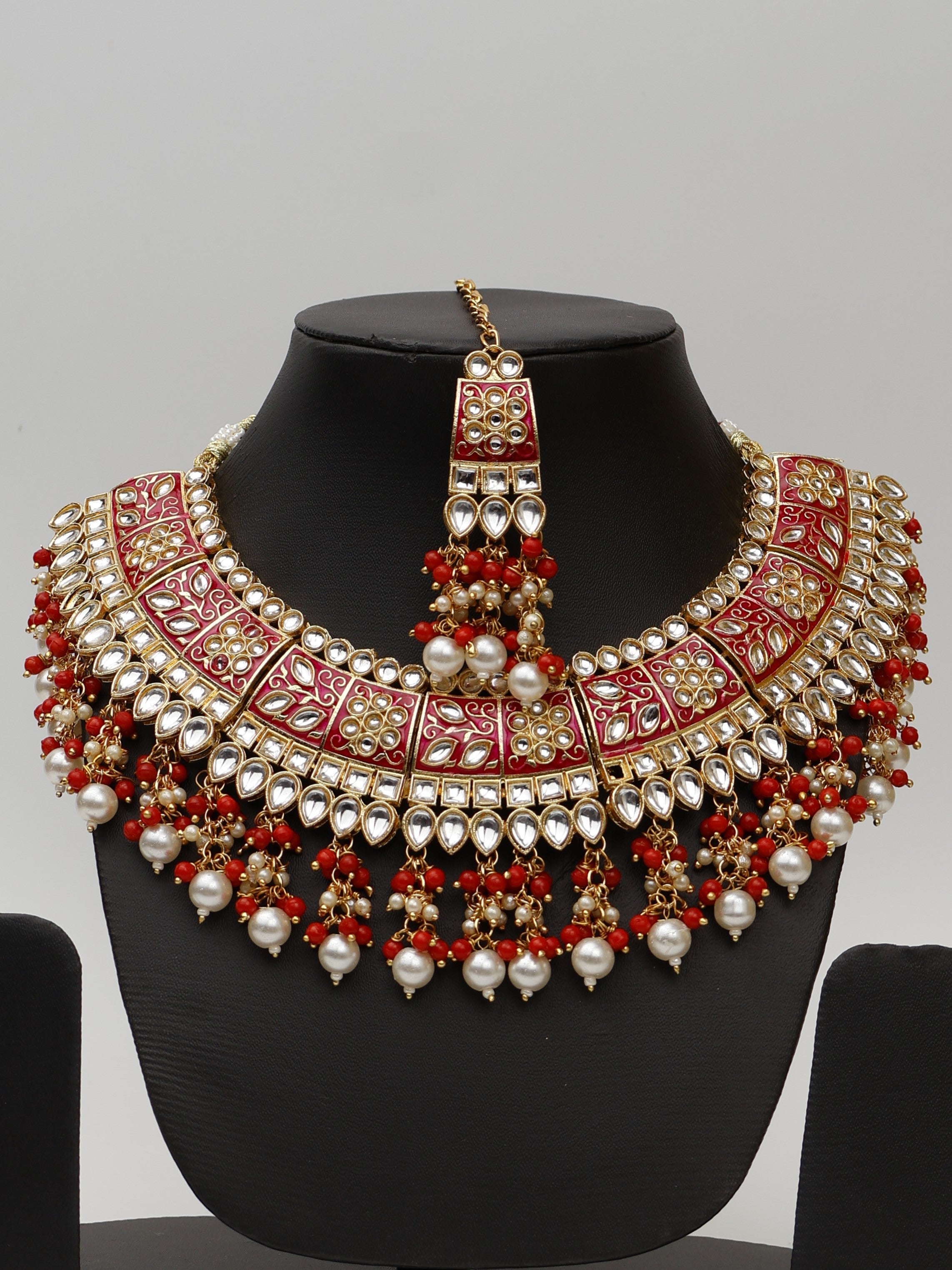 Red Meenakari Kundan & Pearl Necklace Set with Earrings & Mang Tikka.