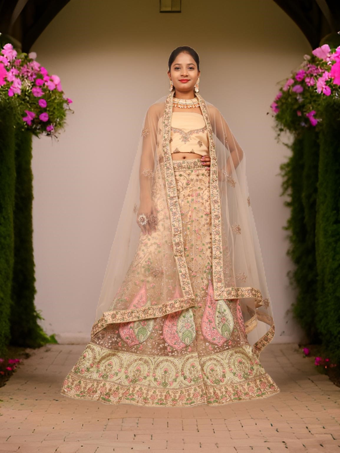 Semi-Stitched Lehenga with Soft Net Fabric & Zari Thread Work by Shreekama