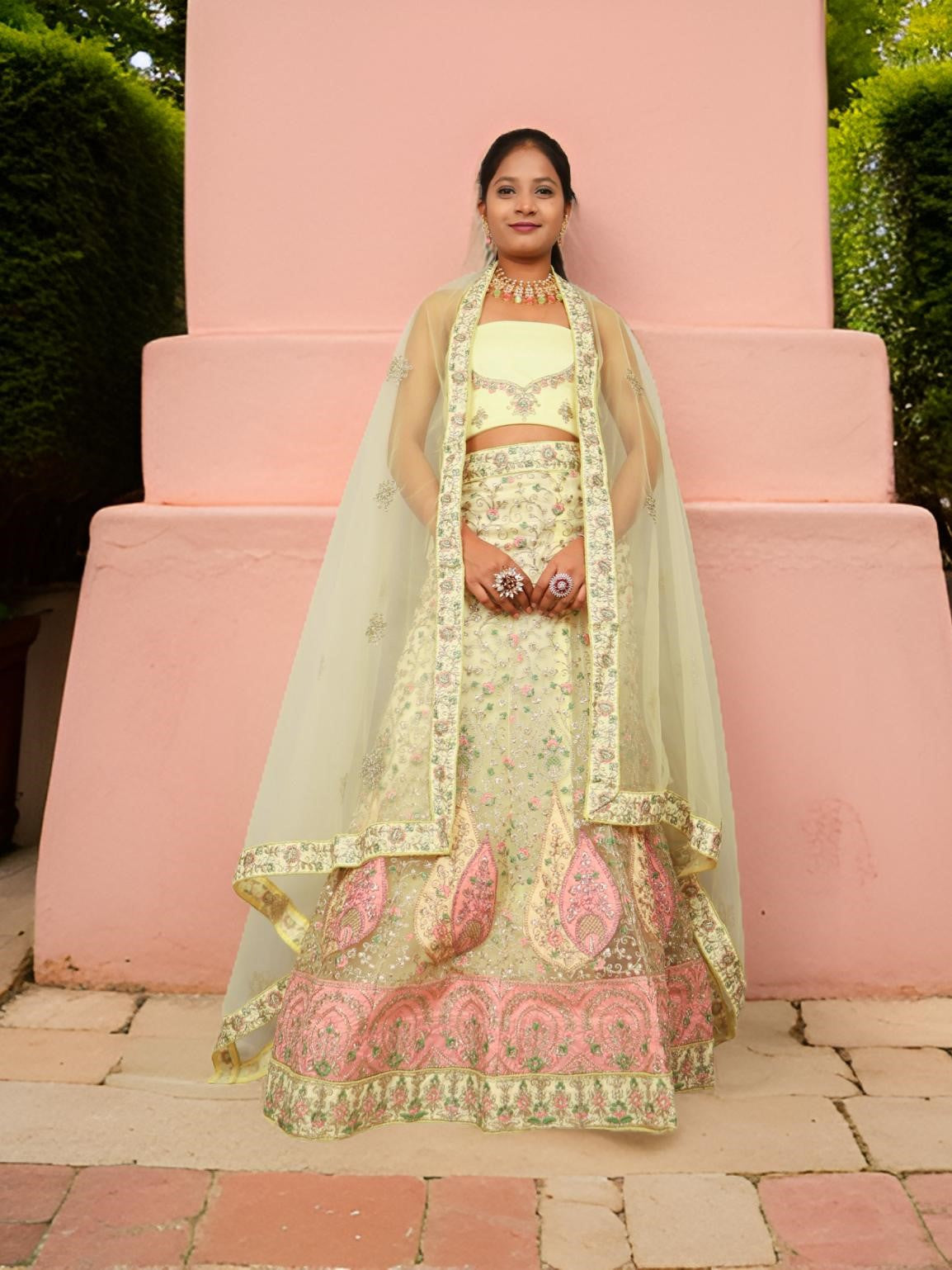 Semi-Stitched Lehenga with Soft Net Fabric & Zari Thread Work by Shreekama
